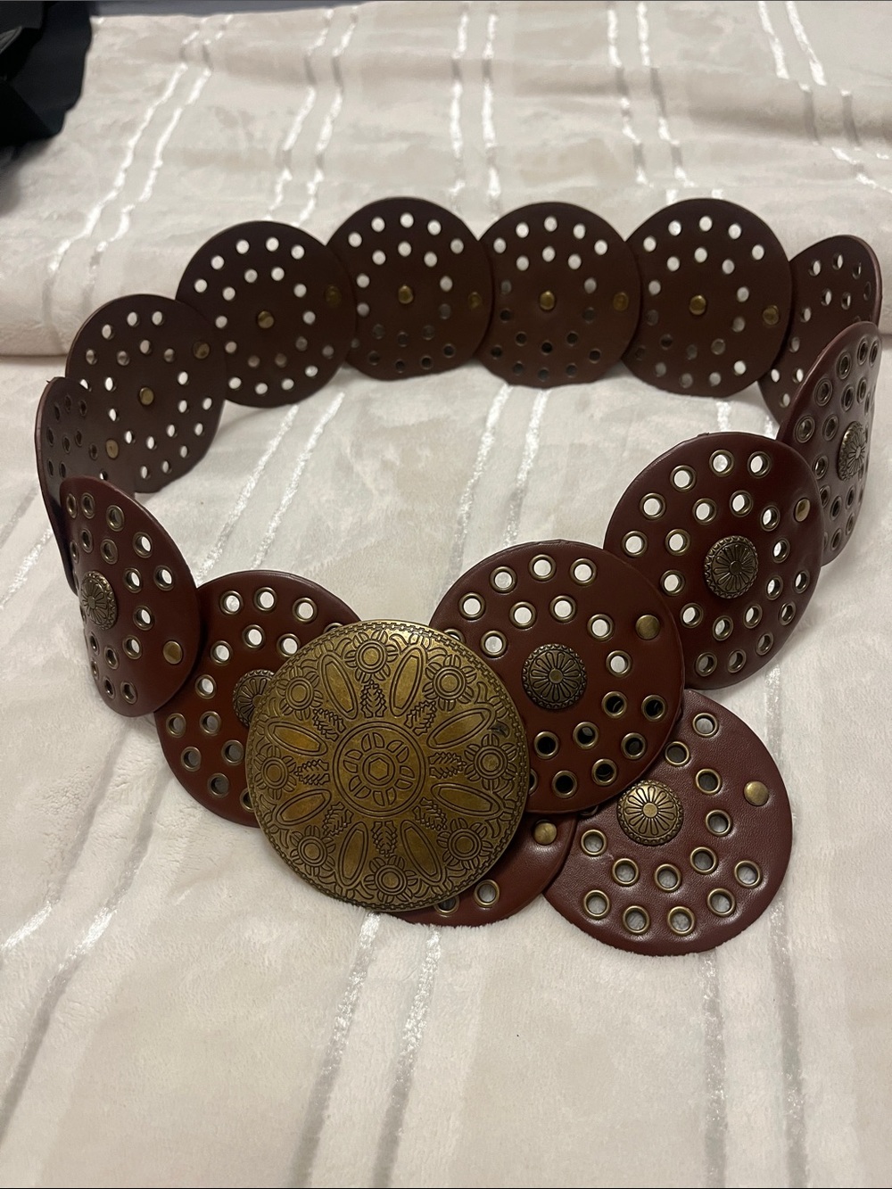 Boho Brown Leather Disc Belt with Brass Medallion